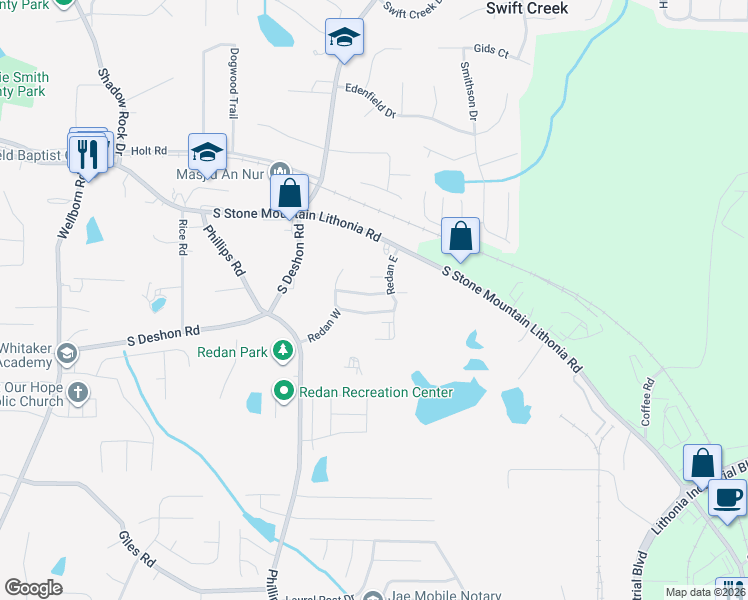 map of restaurants, bars, coffee shops, grocery stores, and more near 6190 Redan Overlook in Lithonia