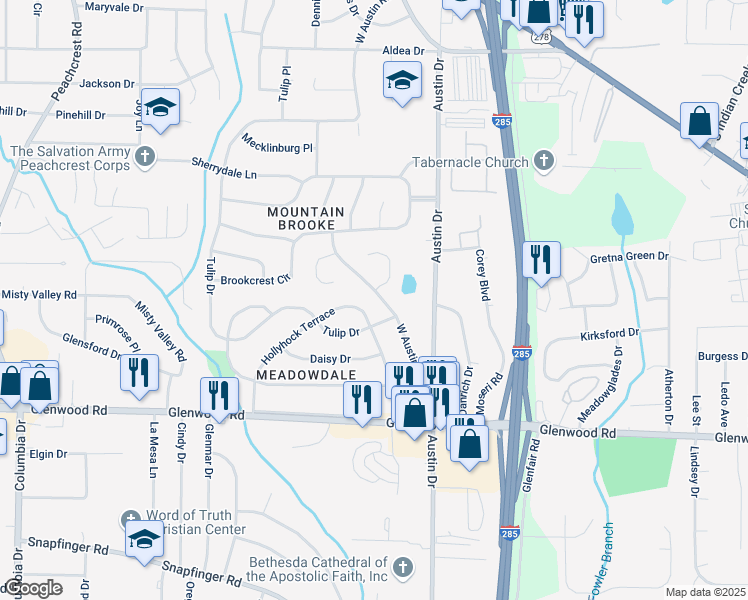 map of restaurants, bars, coffee shops, grocery stores, and more near 1735 West Austin Road in Decatur