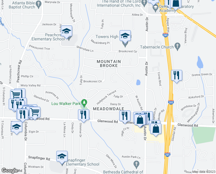 map of restaurants, bars, coffee shops, grocery stores, and more near 3656 Tulip Drive in Decatur