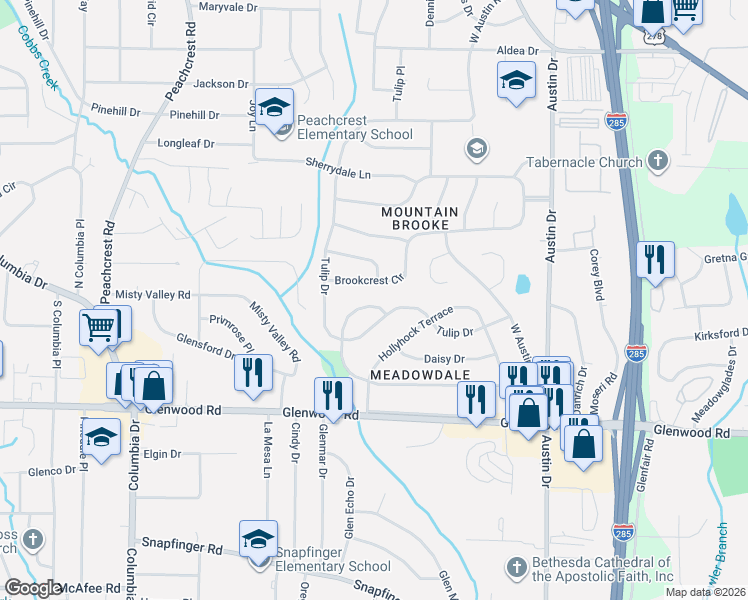 map of restaurants, bars, coffee shops, grocery stores, and more near 3632 Brookcrest Circle in Decatur