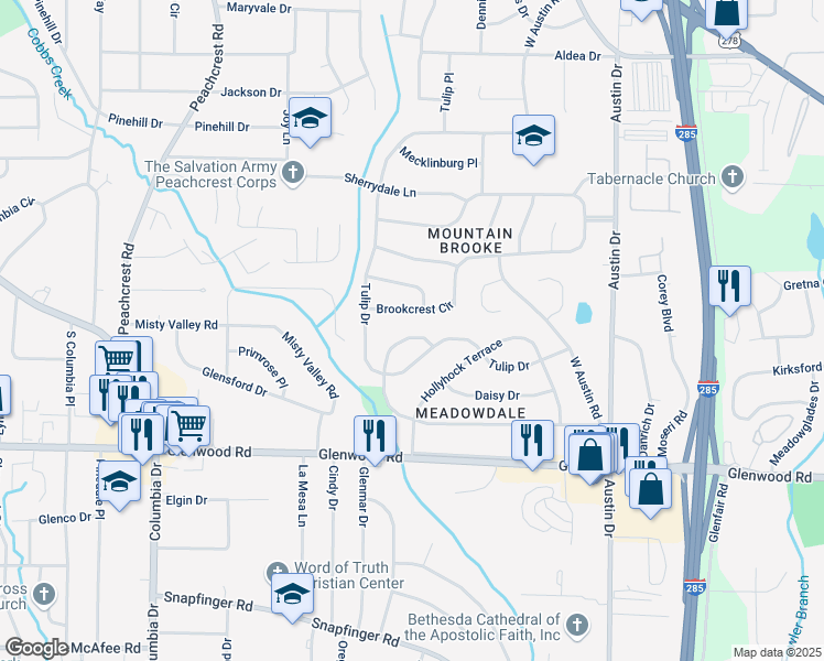 map of restaurants, bars, coffee shops, grocery stores, and more near 3503 Larkspur Terrace in Decatur
