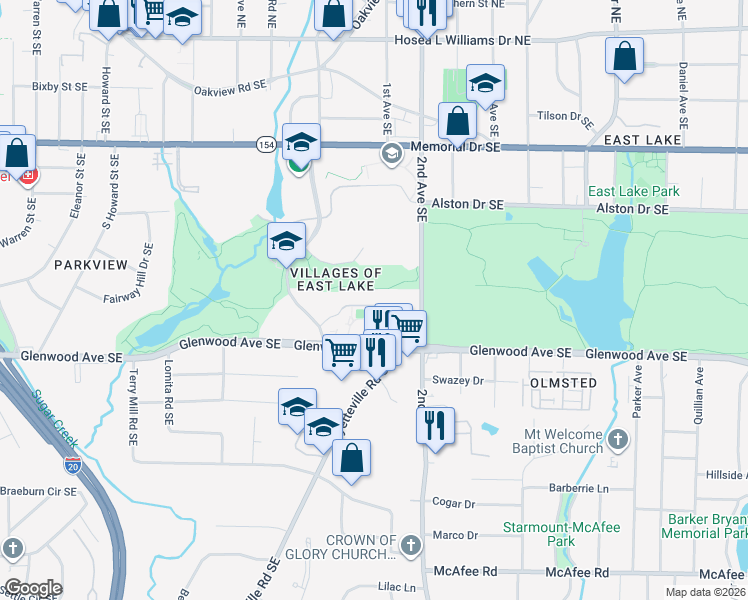 map of restaurants, bars, coffee shops, grocery stores, and more near 1627-1831 Forest Lakes Ave SE in Atlanta