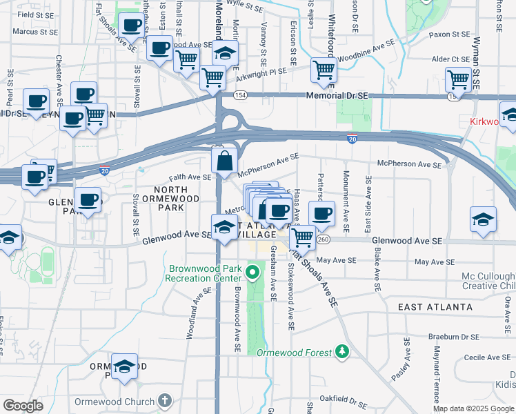 map of restaurants, bars, coffee shops, grocery stores, and more near 1260 Metropolitan Avenue Southeast in Atlanta