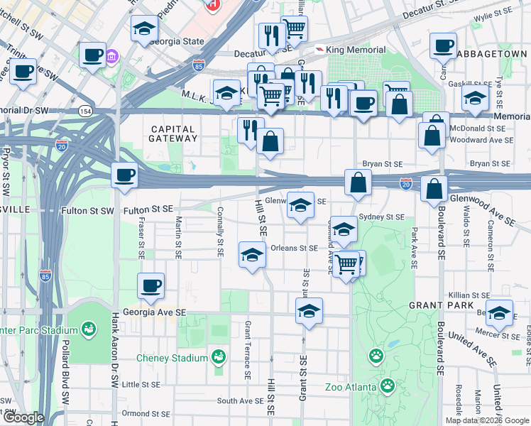 map of restaurants, bars, coffee shops, grocery stores, and more near 1516 Glenwood Avenue in Atlanta