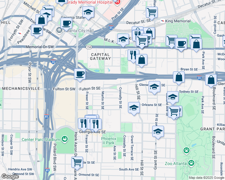 map of restaurants, bars, coffee shops, grocery stores, and more near 148 Glenwood Avenue Southeast in Atlanta