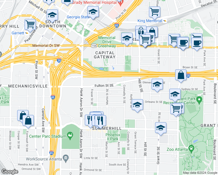 map of restaurants, bars, coffee shops, grocery stores, and more near 445 Martin Street Southeast in Atlanta