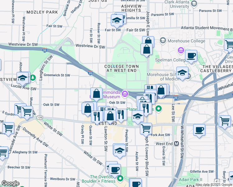 map of restaurants, bars, coffee shops, grocery stores, and more near 433 Peeples Street Southwest in Atlanta