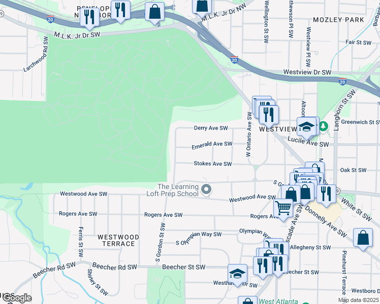 map of restaurants, bars, coffee shops, grocery stores, and more near 1740 Emerald Avenue Southwest in Atlanta