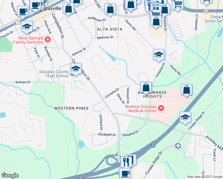 map of restaurants, bars, coffee shops, grocery stores, and more near 6339 Cornelia Drive in Douglasville