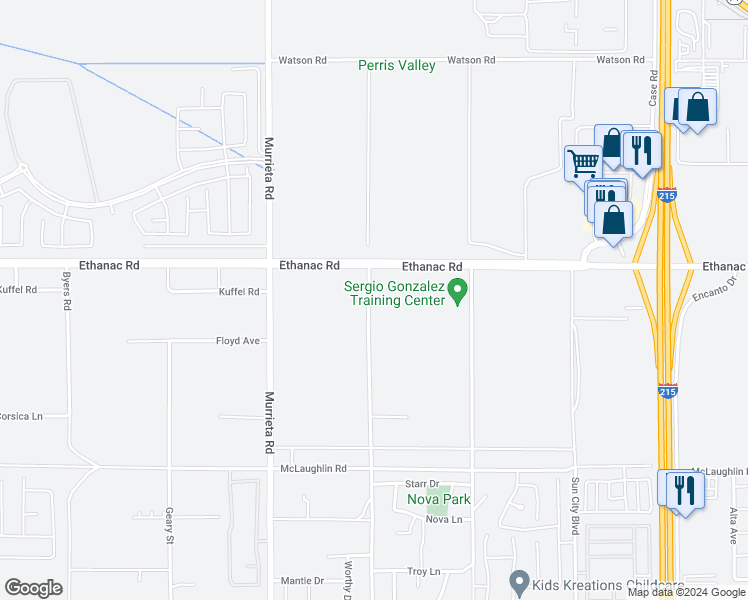 map of restaurants, bars, coffee shops, grocery stores, and more near Hull Street in Menifee