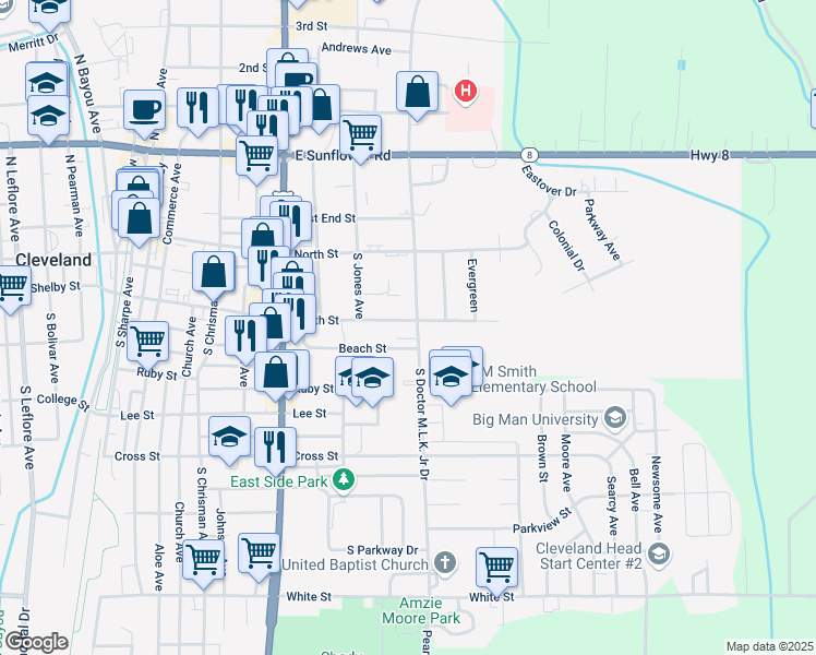 map of restaurants, bars, coffee shops, grocery stores, and more near 300 South Doctor Martin Luther King Junior Drive in Cleveland