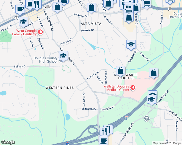 map of restaurants, bars, coffee shops, grocery stores, and more near 6339 Cornelia Drive in Douglasville