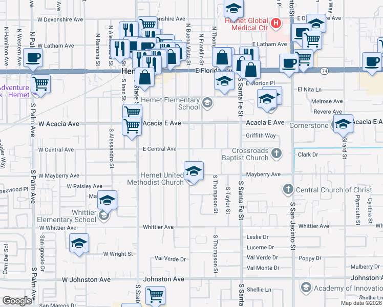 map of restaurants, bars, coffee shops, grocery stores, and more near 346 South Buena Vista Street in Hemet