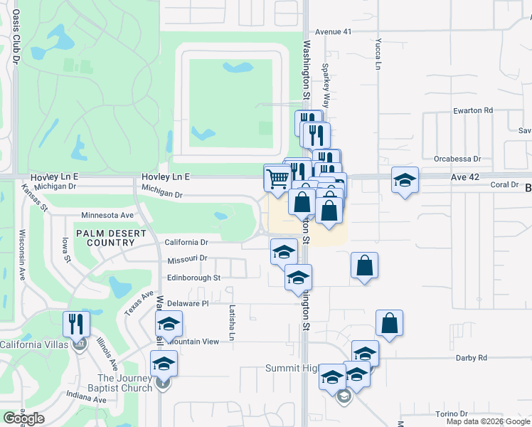 map of restaurants, bars, coffee shops, grocery stores, and more near 77900 Michigan Drive in Palm Desert