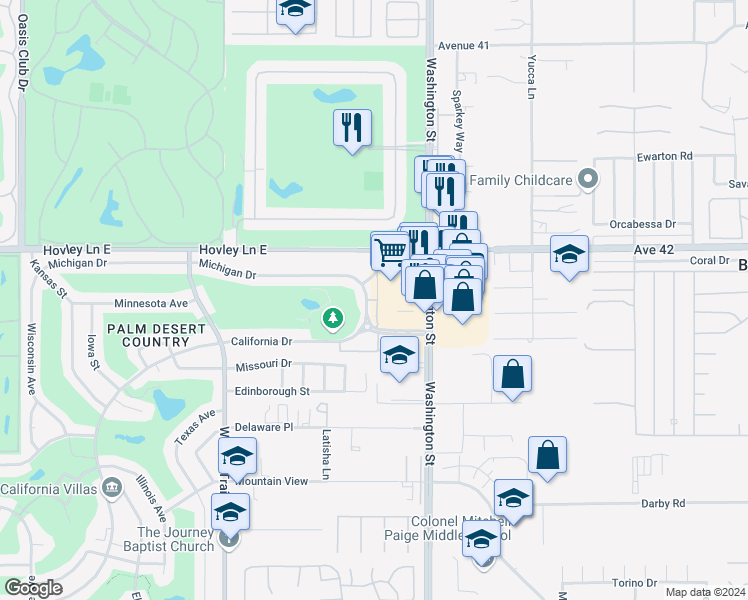 map of restaurants, bars, coffee shops, grocery stores, and more near 77912 Michigan Drive in Palm Desert