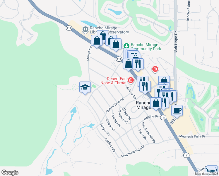 map of restaurants, bars, coffee shops, grocery stores, and more near 71443 San Gorgonio Road in Rancho Mirage
