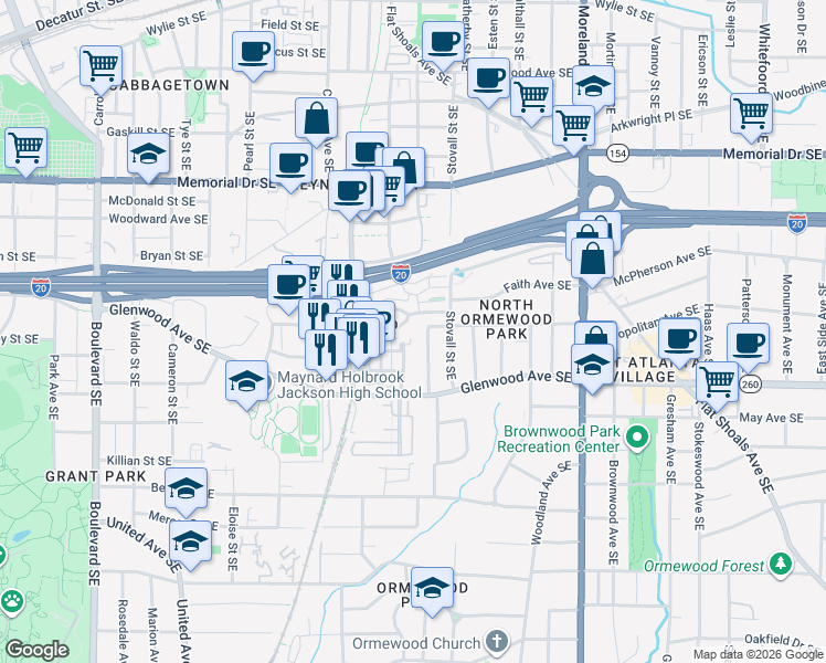 map of restaurants, bars, coffee shops, grocery stores, and more near 454 Hamilton Street Southeast in Atlanta