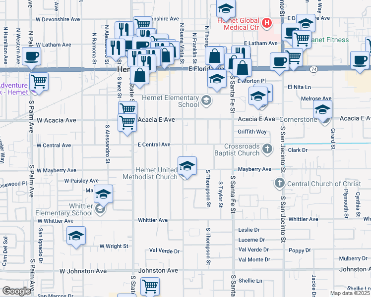 map of restaurants, bars, coffee shops, grocery stores, and more near 509 East Central Avenue in Hemet