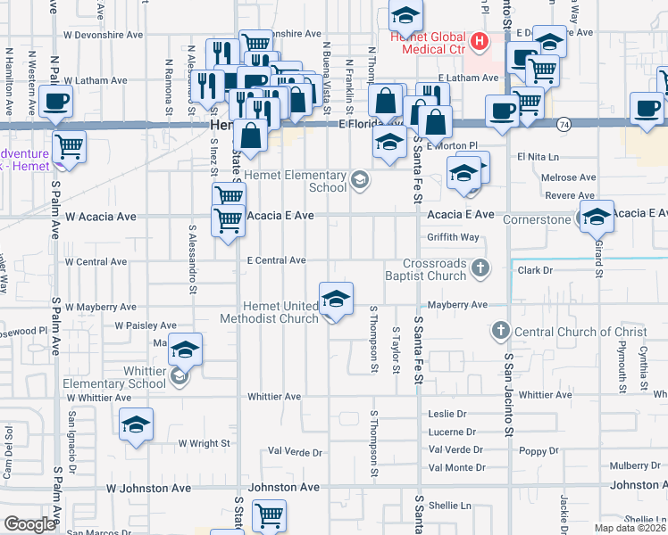 map of restaurants, bars, coffee shops, grocery stores, and more near 509 East Central Avenue in Hemet