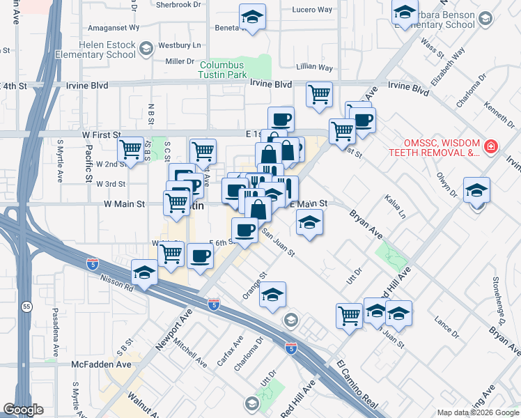 map of restaurants, bars, coffee shops, grocery stores, and more near 13681 Newport Avenue in Tustin