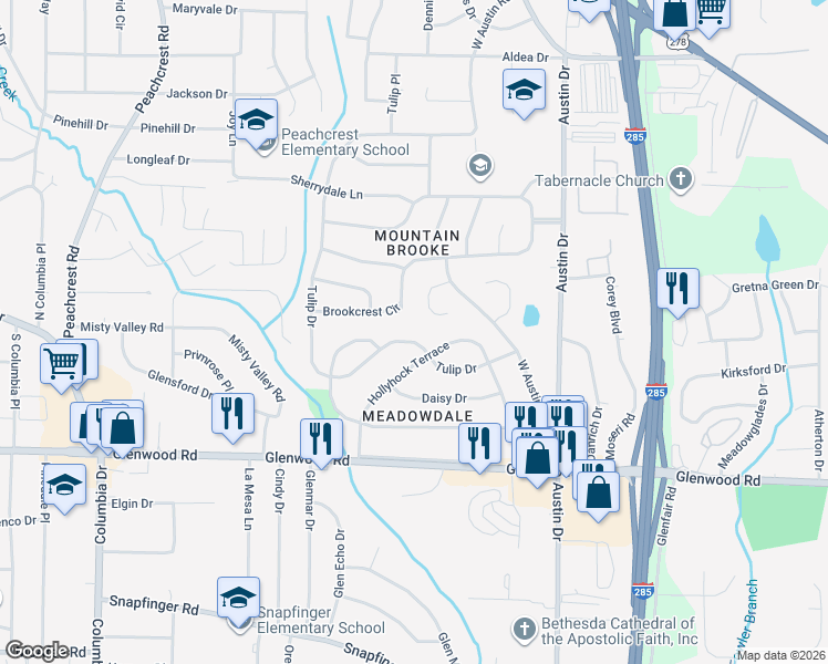 map of restaurants, bars, coffee shops, grocery stores, and more near 3659 Brookcrest Circle in Decatur