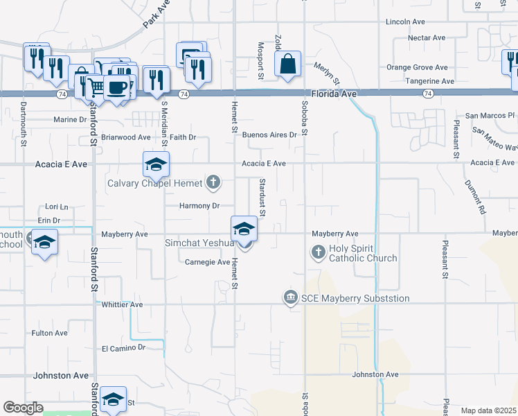 map of restaurants, bars, coffee shops, grocery stores, and more near 26155 Stardust Street in Hemet