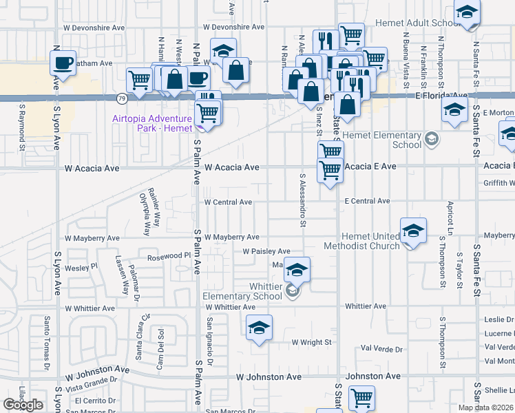 map of restaurants, bars, coffee shops, grocery stores, and more near 363A South Gilbert Street in Hemet