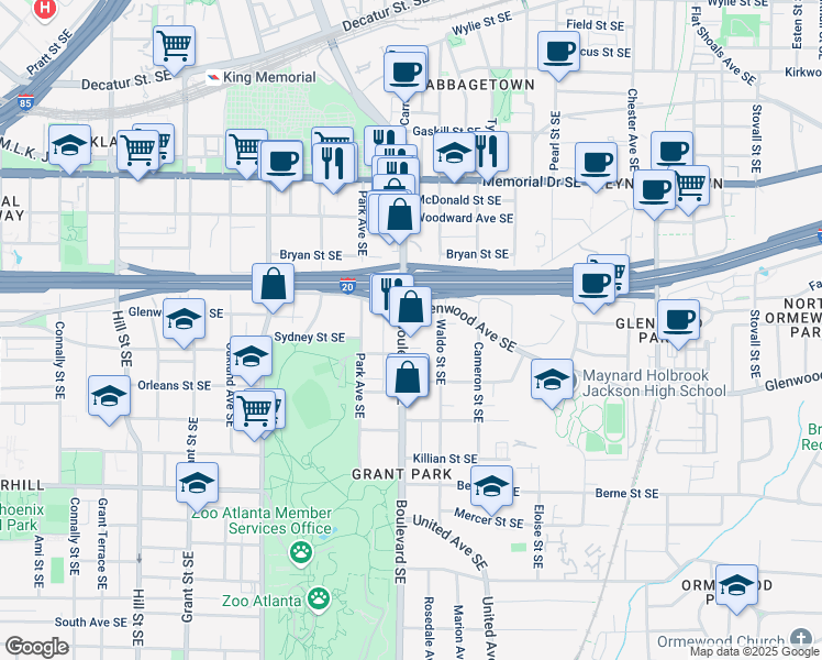 map of restaurants, bars, coffee shops, grocery stores, and more near 614 Glenwood Avenue Southeast in Atlanta