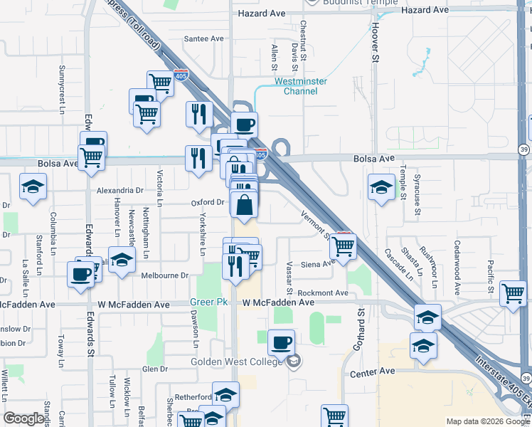 map of restaurants, bars, coffee shops, grocery stores, and more near 15191 Mayberry Circle in Westminster