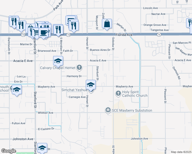 map of restaurants, bars, coffee shops, grocery stores, and more near 26155 Stardust Street in Hemet