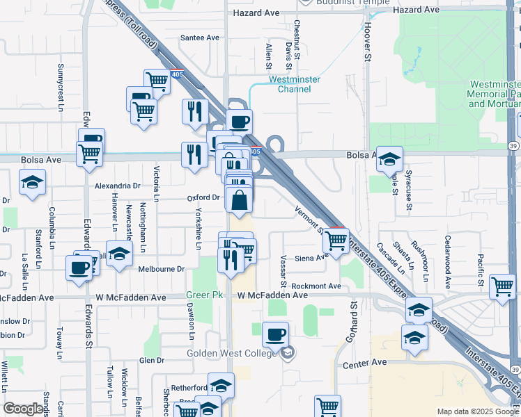 map of restaurants, bars, coffee shops, grocery stores, and more near 15191 Mayberry Circle in Westminster