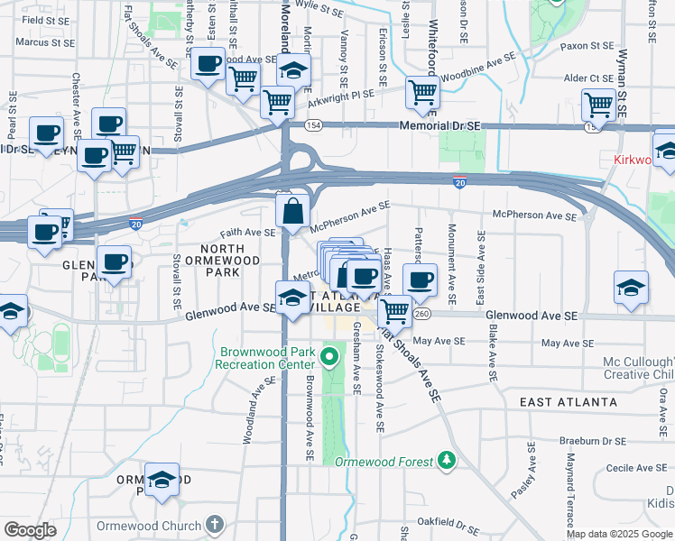 map of restaurants, bars, coffee shops, grocery stores, and more near 1260 Metropolitan Avenue Southeast in Atlanta