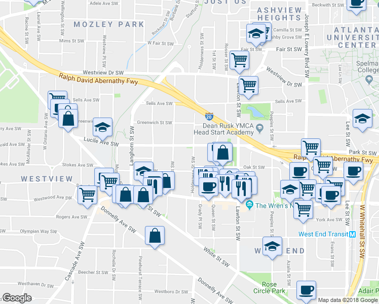 map of restaurants, bars, coffee shops, grocery stores, and more near 483 Holderness Street Southwest in Atlanta