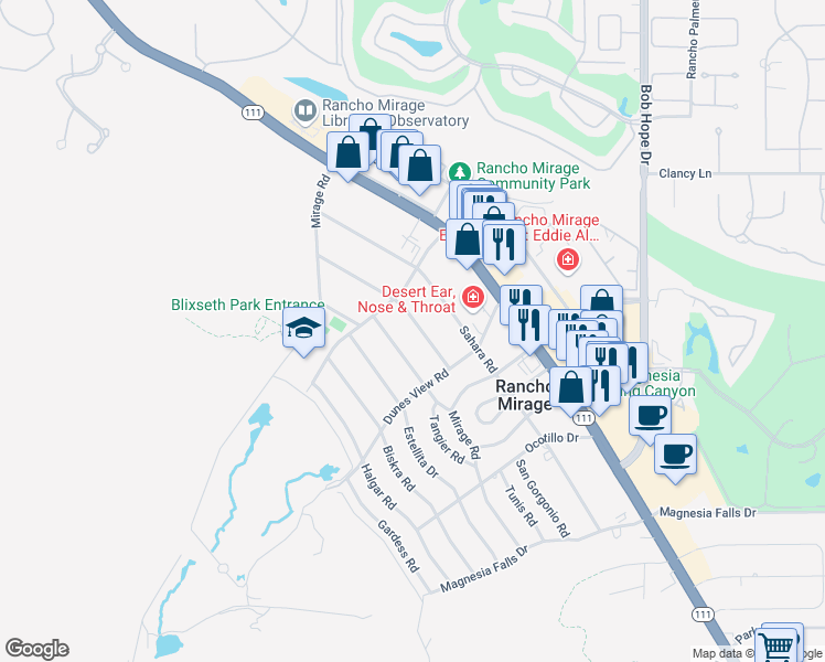 map of restaurants, bars, coffee shops, grocery stores, and more near 71479 San Gorgonio Road in Rancho Mirage