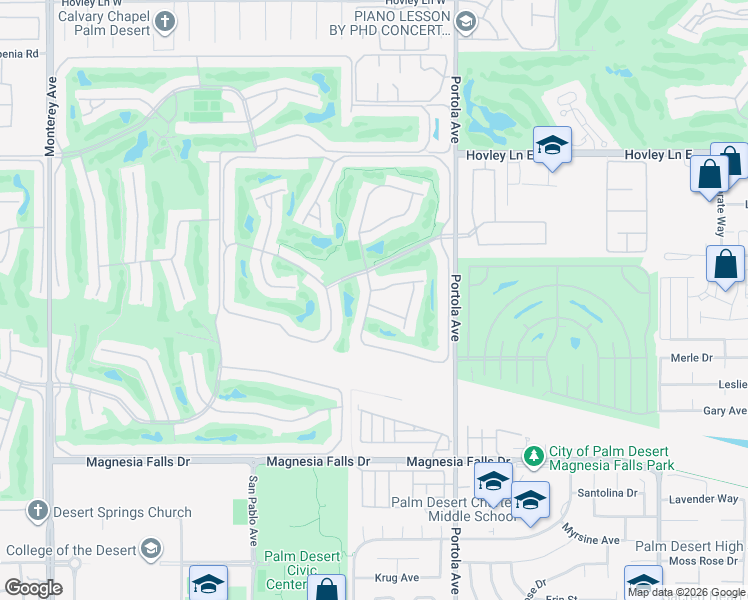 map of restaurants, bars, coffee shops, grocery stores, and more near 126 Presidio Place in Palm Desert