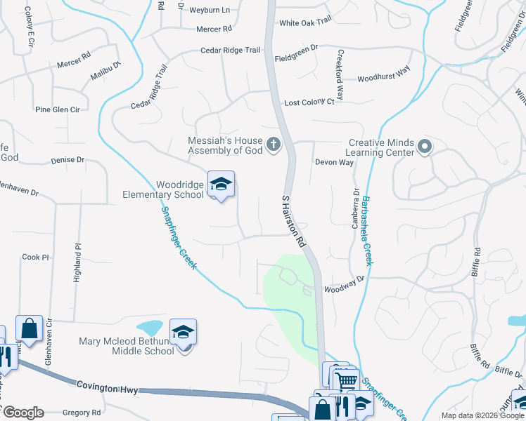 map of restaurants, bars, coffee shops, grocery stores, and more near 4059 Big Valley Trail in Stone Mountain