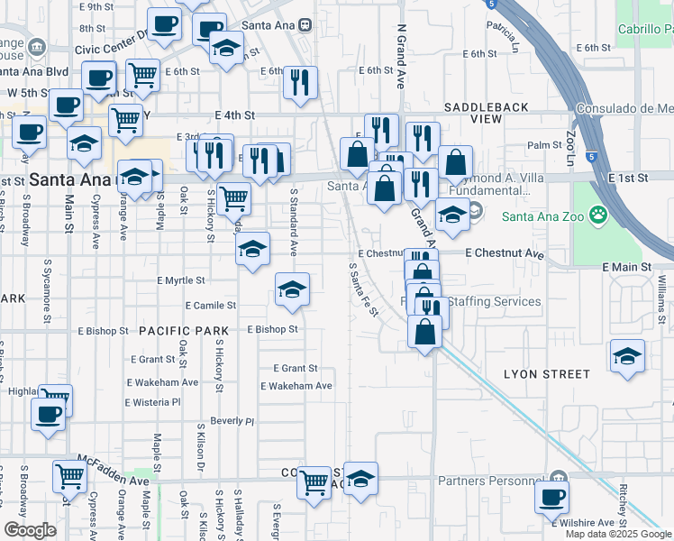 map of restaurants, bars, coffee shops, grocery stores, and more near 1011 East Chestnut Avenue in Santa Ana