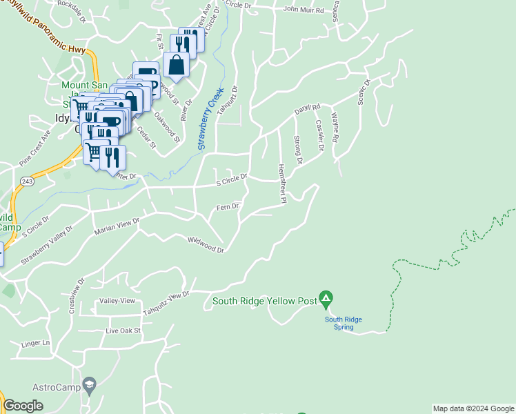 map of restaurants, bars, coffee shops, grocery stores, and more near 26195 Hemstreet Place in Idyllwild-Pine Cove