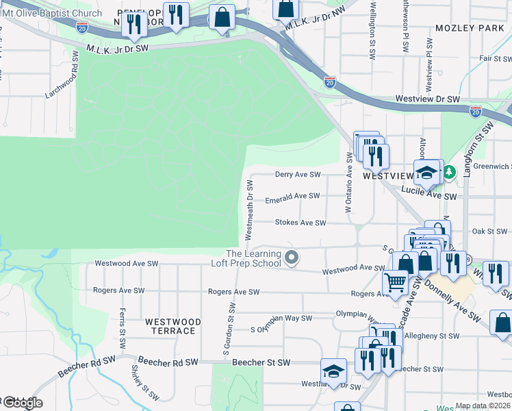 map of restaurants, bars, coffee shops, grocery stores, and more near 1765 Emerald Avenue Southwest in Atlanta