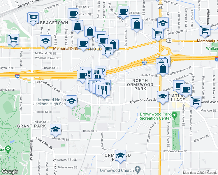 map of restaurants, bars, coffee shops, grocery stores, and more near Faith Avenue Southeast in Atlanta