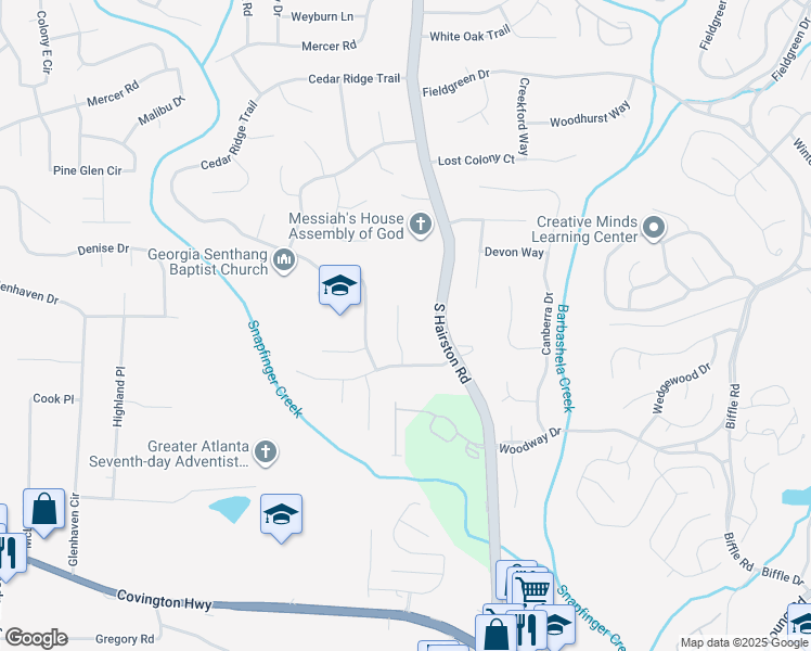 map of restaurants, bars, coffee shops, grocery stores, and more near 4083 Big Valley Trail in Stone Mountain