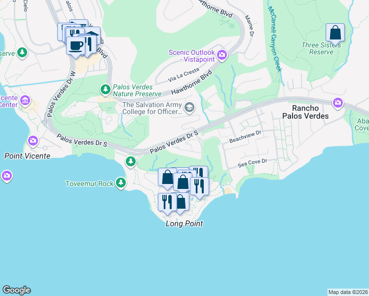 map of restaurants, bars, coffee shops, grocery stores, and more near 100 Terranea Way in Rancho Palos Verdes