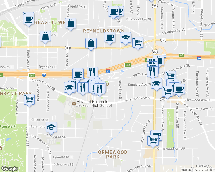map of restaurants, bars, coffee shops, grocery stores, and more near in Atlanta