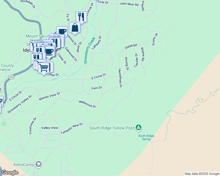 map of restaurants, bars, coffee shops, grocery stores, and more near 26195 Hemstreet Place in Idyllwild-Pine Cove