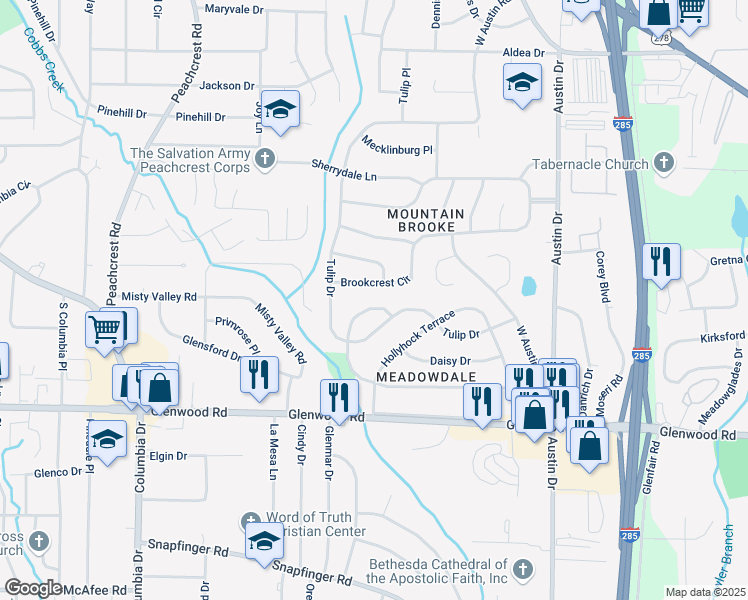 map of restaurants, bars, coffee shops, grocery stores, and more near 3503 Larkspur Terrace in Decatur