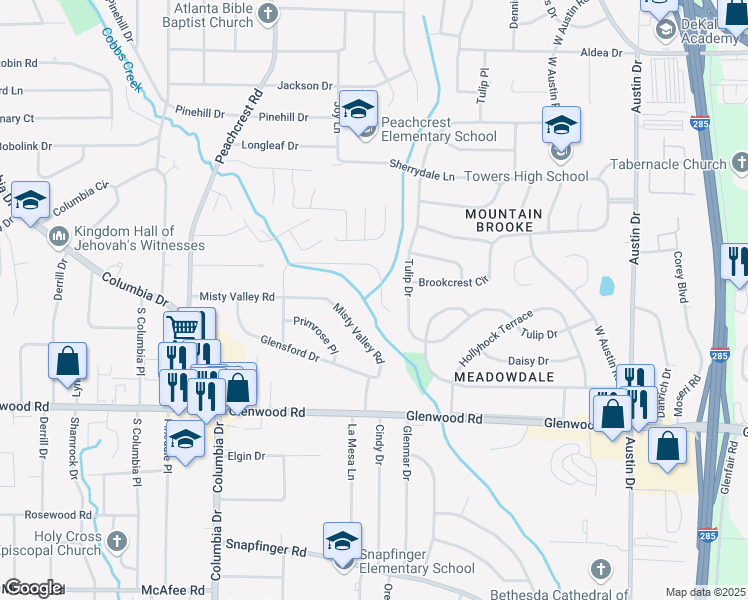 map of restaurants, bars, coffee shops, grocery stores, and more near 3567 Brookfield Lane in Decatur