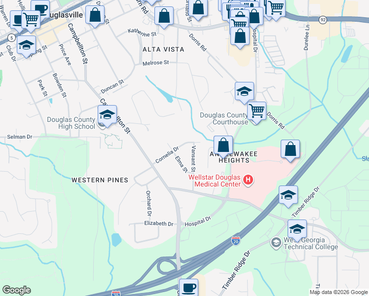 map of restaurants, bars, coffee shops, grocery stores, and more near 6292 Cornelia Drive in Douglasville