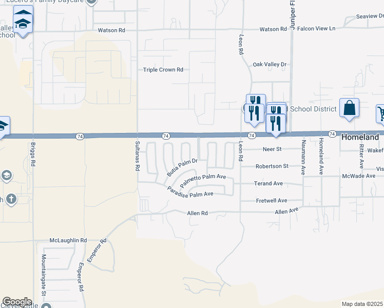map of restaurants, bars, coffee shops, grocery stores, and more near 26092 Bamboo Palm Drive in Homeland