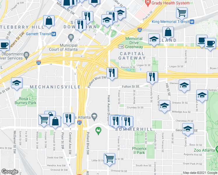 map of restaurants, bars, coffee shops, grocery stores, and more near Capitol Ave SE & Fulton St SE in Atlanta