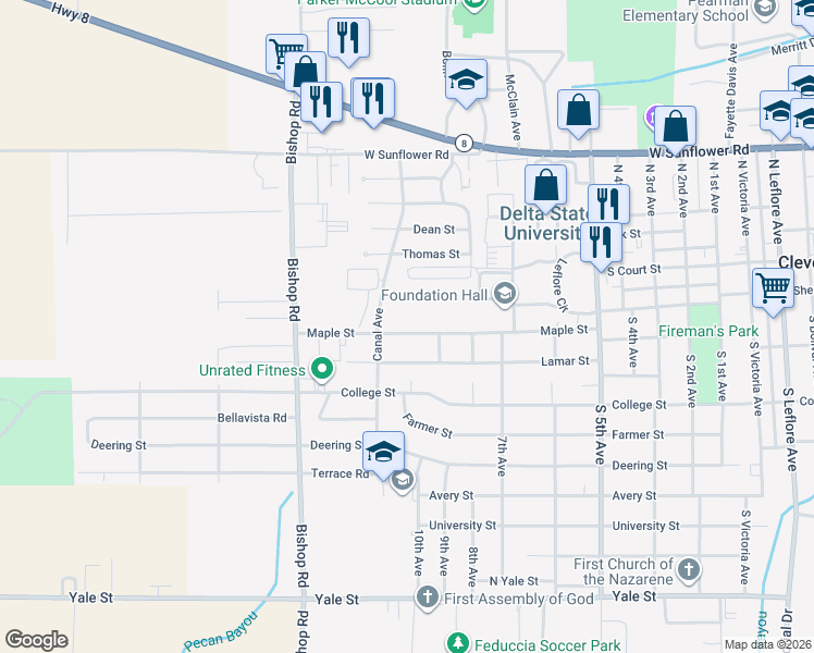map of restaurants, bars, coffee shops, grocery stores, and more near 1412 Maple Street in Cleveland